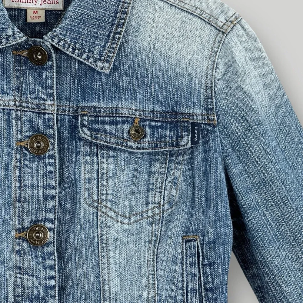 VTG 2005 Tommy Jeans Denim Cropped Jacket Womans M Love Birds Embroidery on Back